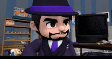 a cartoon character wearing a purple hat and a suit