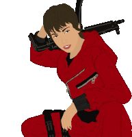 a woman in a red jumpsuit is holding a gun on her shoulder