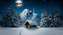 santa claus is flying over a snow covered cabin in the woods