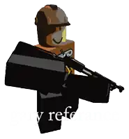 a roblox character is holding a gun with the words city refe on the bottom