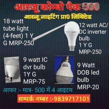 a poster advertising various bulbs including a 12 watt ac dc inverter bulb