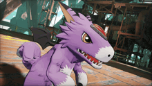 a purple and white monster with a red hat on