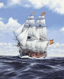 a painting of a sailing ship in the ocean .