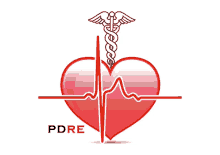 a red heart with a caduceus on top of it and the words pdre below it