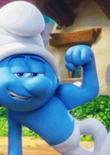 a smurf flexes his muscles in front of a building