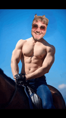 a shirtless man wearing sunglasses is riding on the back of a brown horse