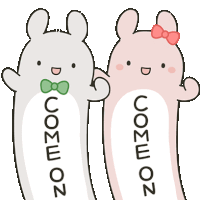 a couple of cartoon rabbits with the word come on their chests