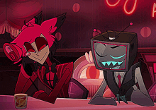 two cartoon characters are sitting at a table and one has a tv head on his head