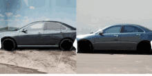 a picture of a car with a broken tire and a picture of a car without a tire on it