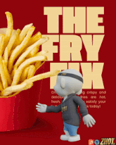 a cartoon character is standing in front of a bucket of french fries that says the fry tk