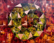 a painting of a sphere with triangles on a red and yellow background