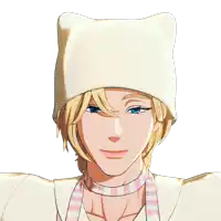 a cartoon character wearing a white hat and a pink and white striped scarf