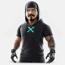 a man with a beard wears a black hoodie with an x on it