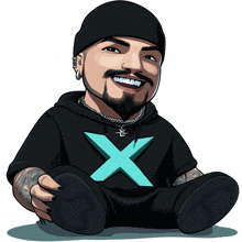 a cartoon drawing of a man wearing a black hoodie with a blue x on it