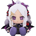 a stuffed doll of a girl with white hair and purple eyes is sitting on a white background .