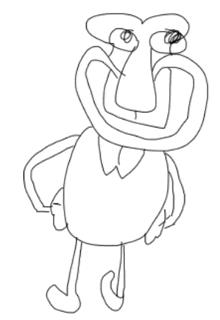 a black and white drawing of a cartoon character with a large nose