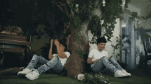 two young men are sitting under a tree talking to each other