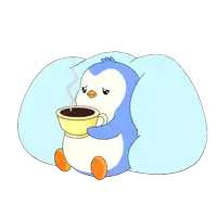 a penguin is wrapped in a blue blanket and drinking a cup of coffee