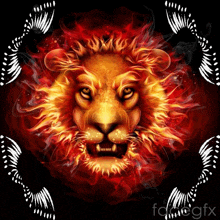 a lion 's head is surrounded by flames and smoke on a black background