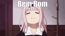 a girl with pink hair is making a funny face with the words bem bom behind her