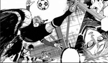 a black and white drawing of a soccer player flying through the air with a soccer ball .