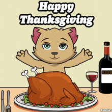 a cartoon cat sitting at a table with a turkey and a bottle of wine