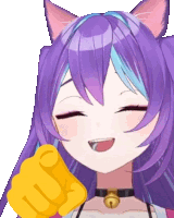 a close up of a girl with purple hair and cat ears holding a fist .