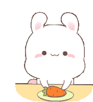 a cartoon rabbit is sitting at a table eating a carrot on a plate .