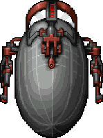 a pixel art drawing of a large gray object with red arms and a skull on it .