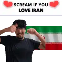a man with glasses and a mustache stands in front of a flag and says scream if you love iran