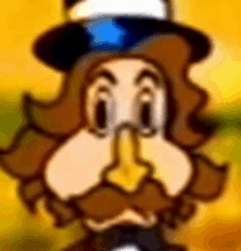 a cartoon man with a mustache and top hat is holding his finger to his mouth .