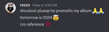 a screenshot of a discord conversation between rezzo and shoutout plusop