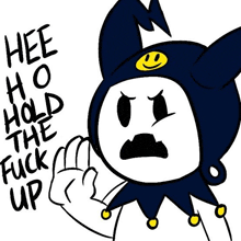 a black and white drawing of a cartoon character with a smiley face on his hat .