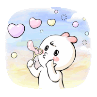 a cartoon character blowing heart shaped soap bubbles in the air