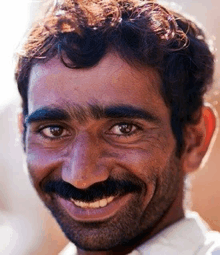 a man with a beard and mustache is smiling and looking at the camera