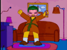 a cartoon character is standing in front of a couch