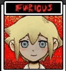 a cartoon character with blonde hair and blue eyes is standing in front of a sign that says `` furious '' .