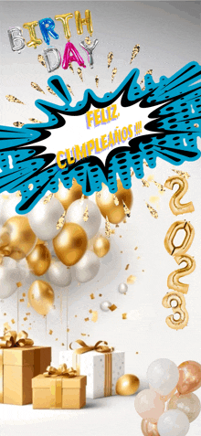 a birthday greeting card with balloons and gifts and the words " feliz cumpleanos "