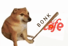 a dog holding a bat next to a sign that says bonk cafe