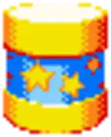 a pixel art illustration of a yellow , blue and red container with stars on it .
