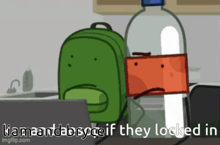 a cartoon of a backpack and a soda bottle with a sad face on it