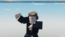 a screenshot of a roblox game shows a character wearing headphones and a black shirt