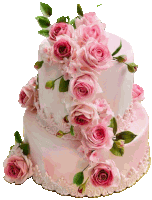 a pink and white cake with pink roses on top