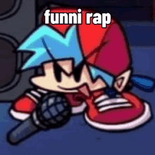 a cartoon character is singing into a microphone with the words funni rap above him .