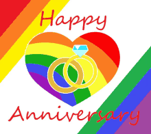 a rainbow heart with two wedding rings on it and the words happy anniversary