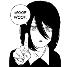 a black and white drawing of a girl pointing at a speech bubble that says woof woof