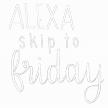 a white background with the words `` alexa skip to friday '' written on it .