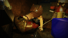 a screenshot of a video game shows a person wearing a boar head