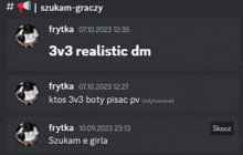 a screenshot of a conversation between frytka and szukam-gracy