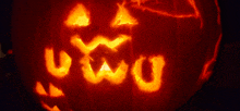 a pumpkin with a face carved into it and the word owo written on it